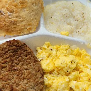 a tray of breakfast foods