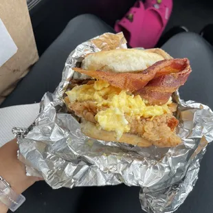 Chicken biscuit with egg, cheese and bacon.