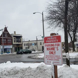 a no parking sign on a snowy street
