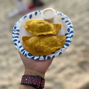 a hand holding a plate of empanadas