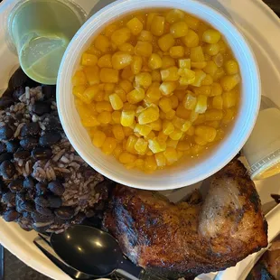 Half dark, rice and beans, corn.