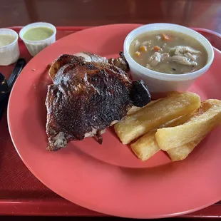 Quarter Dark Chicken with Chicken Soup and Yucca Fries