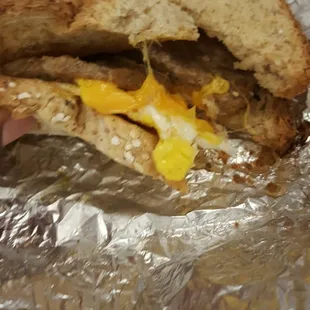 Breakfast sandwich. Multigrain bread, eggs, turkey sausage &amp; cheddar cheese.