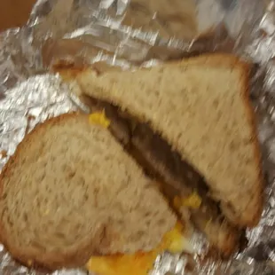 Breakfast sandwich. Multigrain bread, eggs, turkey sausage &amp; cheddar cheese.