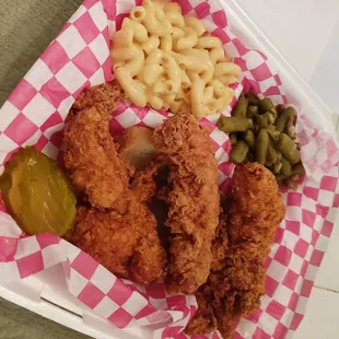 Fried chicken fingers with Mac &amp; cheese and green beans.