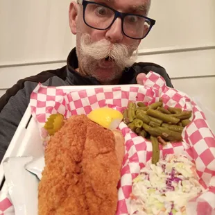 Lonny (@donutdudter) wowed by Momma Joys XHot fried fish with green beans and coleslaw.