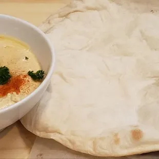 Hummus and freshly baked pita bread