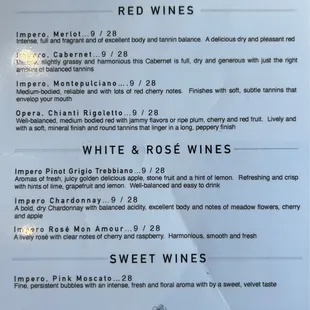 the menu for the wine tasting