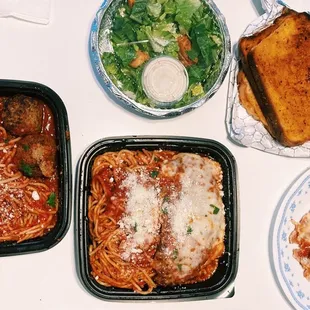 Spaghetti Pomodoro D, Pre Packed Spaghetti and Meatballs, Make-Your-Own Pizza, Caesar Salad
