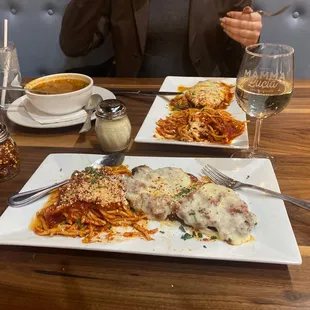 Chicken parmigiana w/ a glass of moscato. Delicious!