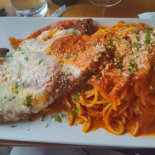 Chicken parmigiana -- really good, and the portion size was massive!!