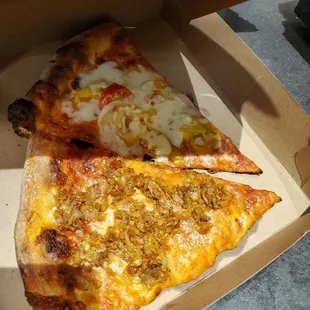 Slice with Italian sausage and slice with extra cheese and hot peppers