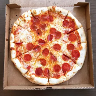 Thin crust pepperoni pizza. Love the crust!