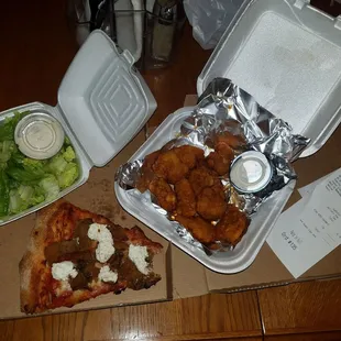 Juicy chicken and crispy pizza delish!