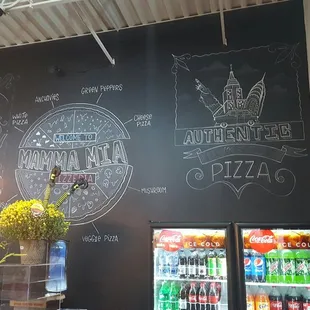 a blackboard with a variety of pizzas