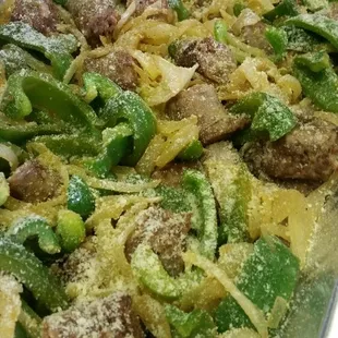 Catering tray of Sausage and Peppers. Delicious