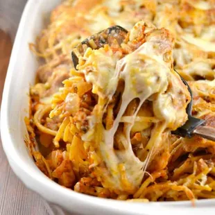 Baked spaghetti is so gooey delicious!