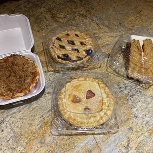 Apple Crumble, Mixed Berry Pie, Strawberry Rhubarb Pie, Carrot Cake