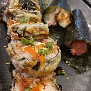 Combo lunch 2 hand rolls (spicy tuna &amp; lobster). Full size millennium roll  Came with soup and salad