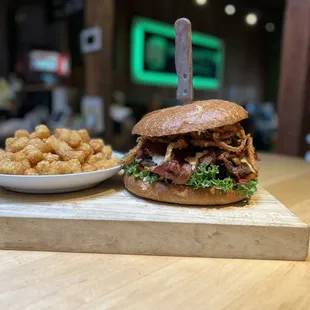 The Mammoth burger with tots