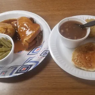 Small roast beef Manhattan with green beans, sm. beans&amp;cornbread, fried tomatoes, and one peanut butter milkshake.  Total: $18.00.