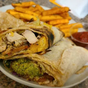 Falafel, chicken shawarma, harra fries