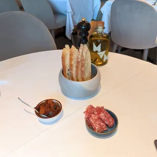 Complimentary bread, eggplant and soppressata