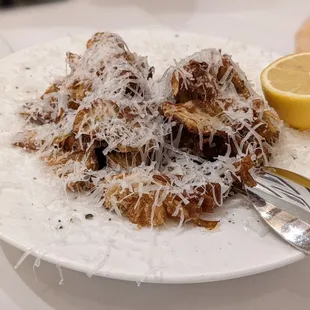 Fried artichokes, cacio e pepe