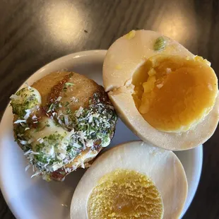 Over cooked eggs and octopus ball.