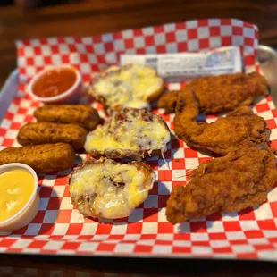 Sampler (pick 3) Cheese sticks Potato Skins Chicken Planks