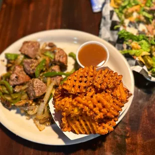 Steak Tips Sweet Potato Waffle Fries with a Caramel Dipping Sauce