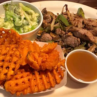 Steak Tips, Broccoli and Cheese, Sweet Potato Waffle Fries with Caramel Dipping Sauce