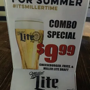 Cheeseburger, fries &amp; a miller lite for $9.99!