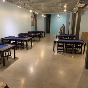 a row of ping pong tables