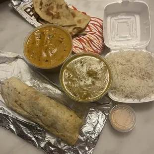 Garlic naan, chicken tiki marsala, chicken norma, chicken kati roll