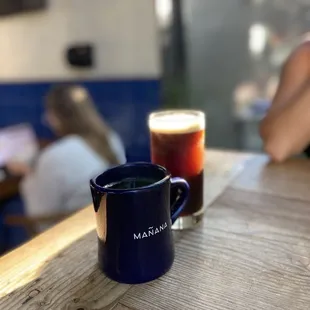 a cup of coffee on a wooden table