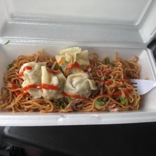a container of noodles and dumplings