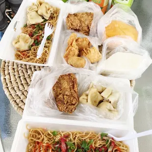 Large noodles, fried chicken, pork hash steamed and fried, rice cake, and hot dog roll! :P