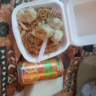 The Ewa Beach value meal.  Fried noodles, 4 pork hash, 1 rice cake &amp; 1 Passion Orange- $3.75