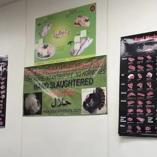 a variety of meat products displayed on a wall