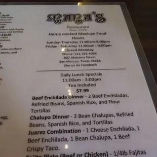 the menu of the restaurant