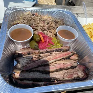 Brisket and pulled pork, nice pickled veggie mix