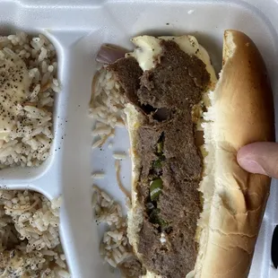 Philly cheese steak and rice pilaf