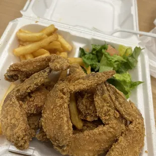 Chicken Wings, Fries, and Salad