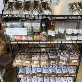 a display of bread and condiments