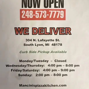 Phone number and hours.