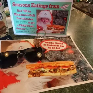 a sub sandwich and sunglasses