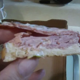 Italian grinder with 3 meats. It&apos;s really All ham &amp; cheese, that 1 layer of under flavored pepproni and where is the Italian sausage?