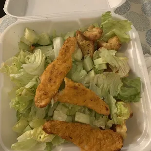 Chicken Tender Salad (wife did take a bit out of one of the chicken tenders, but missing cheese and only a half an egg)