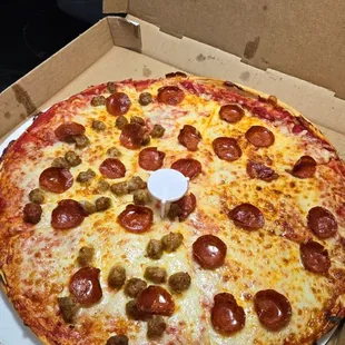 16 inch Pepperoni and half sausage pizza
